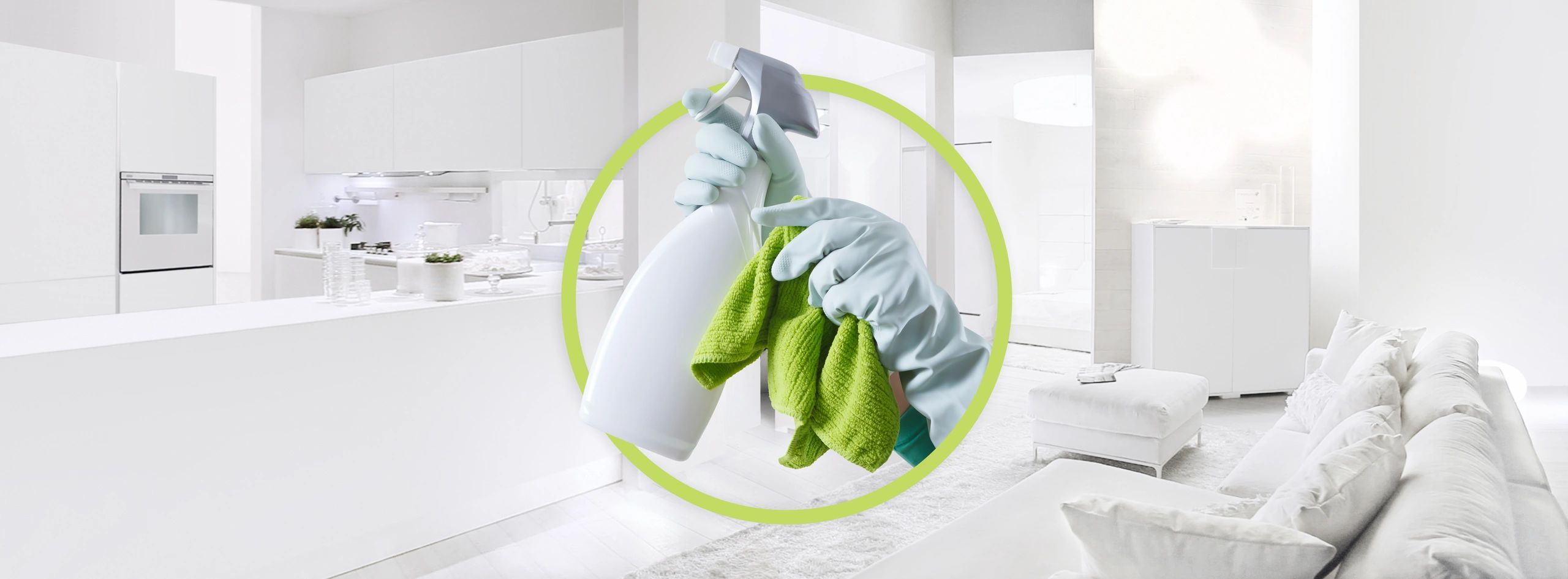 Cleaning service and products. Hands with gloves, rag.