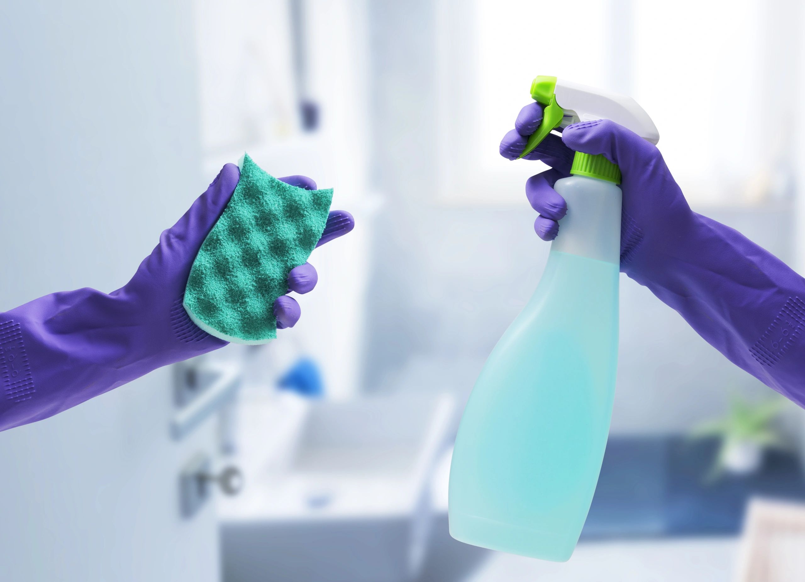Female hands wearing rubber gloves and holding cleaning supplies.
